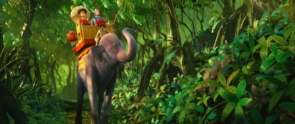 Missing Link movie riding an elephant in the rainforest