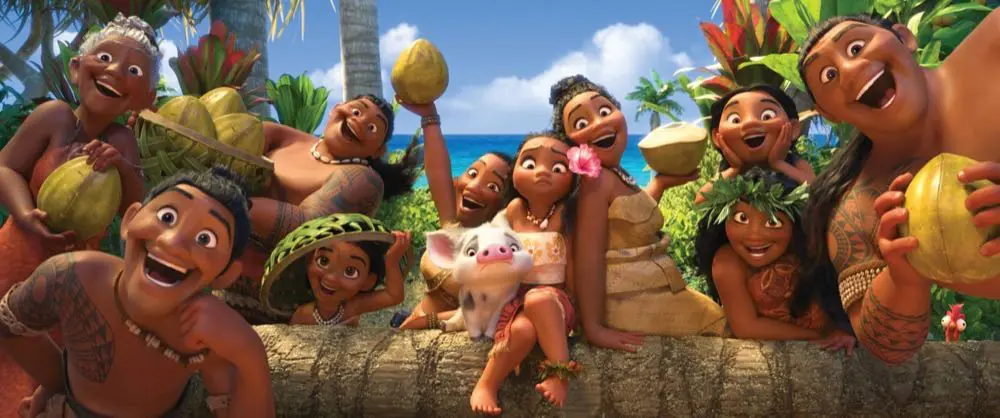 Moana's village family posing for a picture