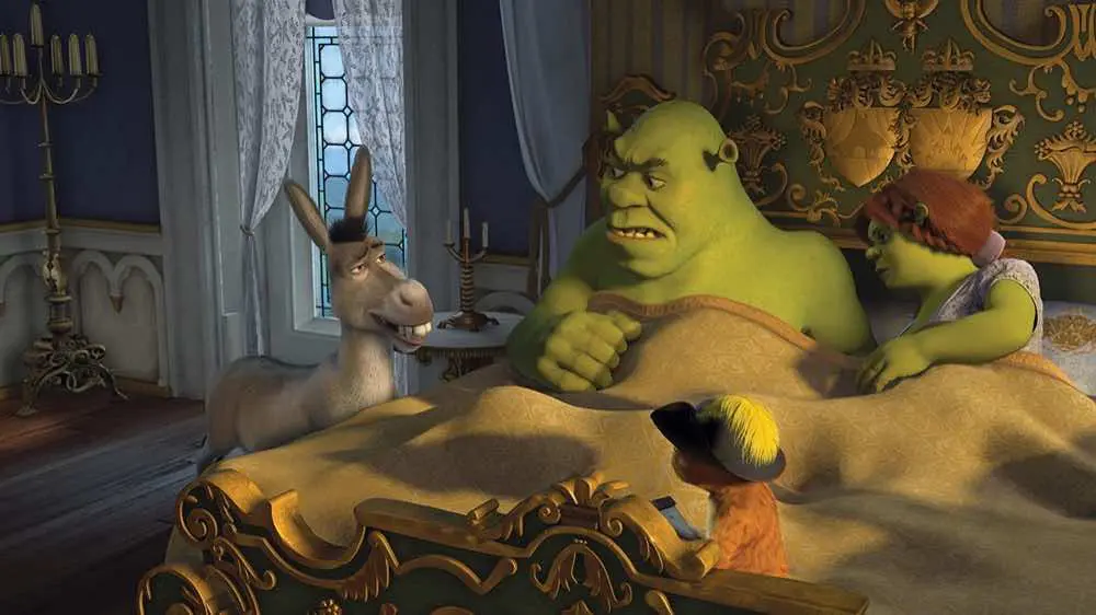 Shrek the Third Donkey, Puss in Boots, Shrek, and Fiona in bed