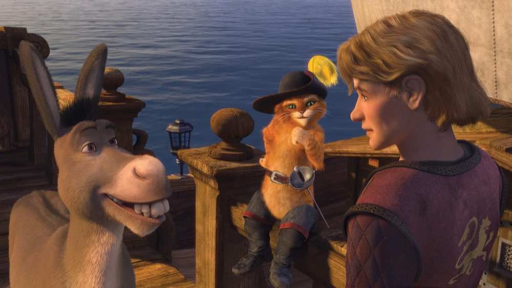 Shrek the Third Donkey, Puss in Boots, and Artie on a ship