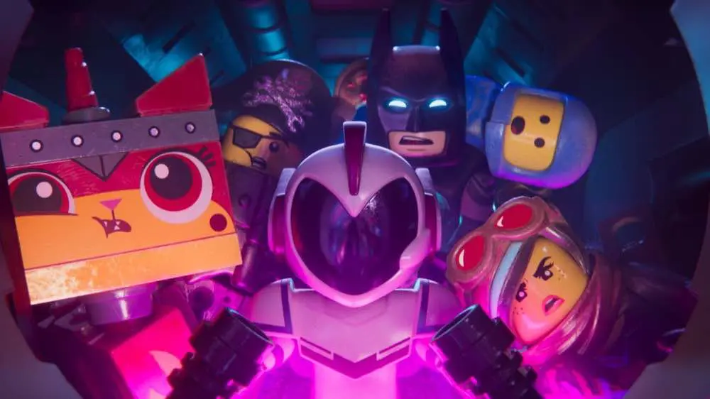 The Lego Batman Movie characters all squished into a spaceship