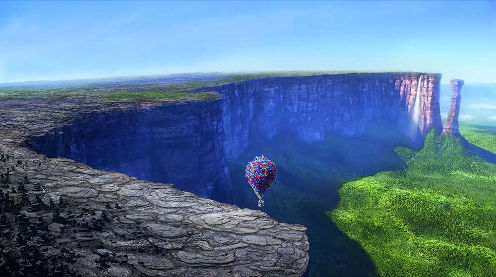 Up house with balloons floating above a cliffs edge