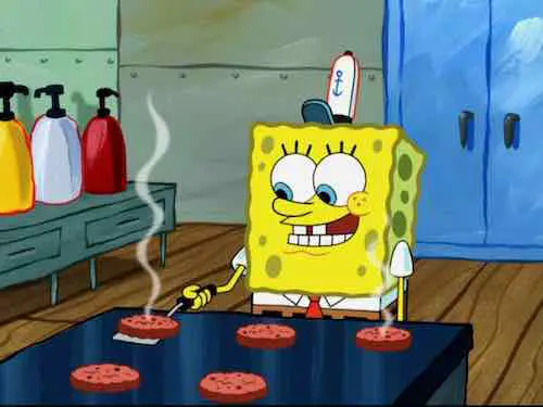 SpongeBob flipping burgers with his original spatula