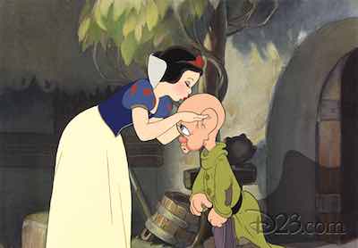 Dopey Dwarf getting a kiss on the head from Snow White