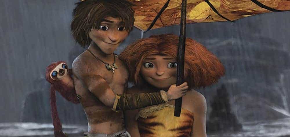 The Croods movie Guy, Eep, and Belt under and umbrella