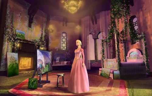 Barbie as Rapunzel in her room with paintings