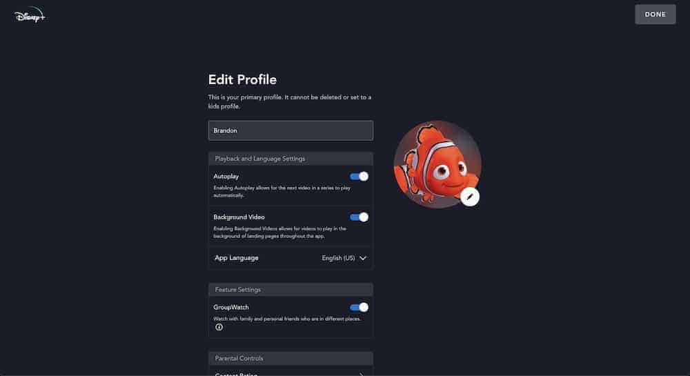 Disney plus Edit Profile Screen