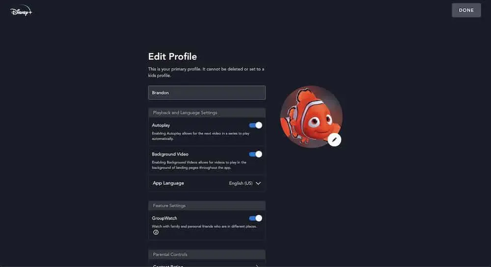 Disney plus Edit Profile Screen