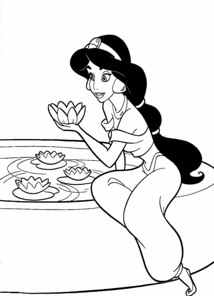Jasmine Disney Princess by a fountain coloring page