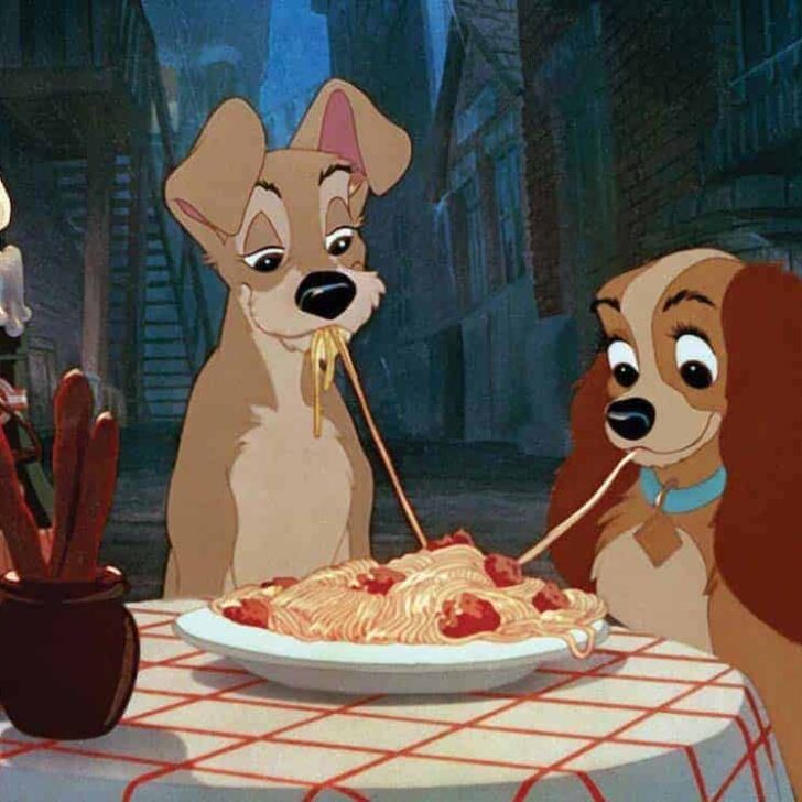 Lady and the Tramp eating spaghetti