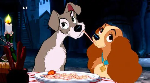 Lady and Tramp eating spaghetti