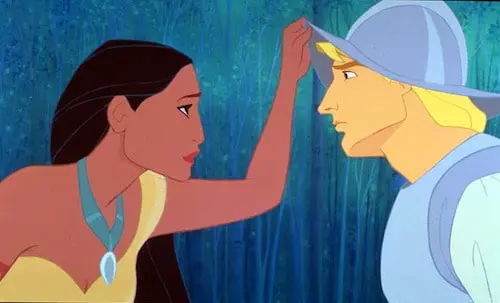 Pocahontas lifting up John Smiths hat to see his face