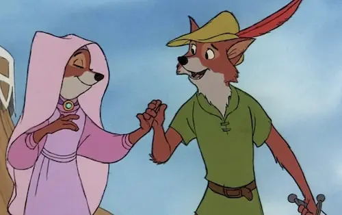 Robin Hood holding Maid Marians hand