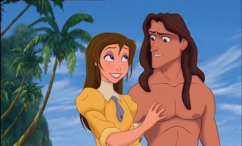 Tarzan standing next to Jane looking at each other