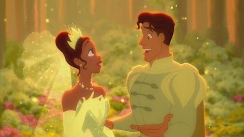 Tiana and Naveen dressed up and flirting