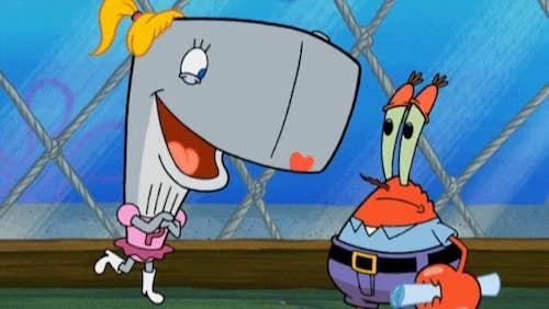Pearl speaking with her dad Mr. Krabs
