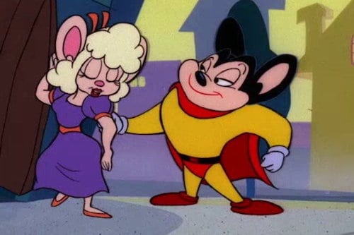 Mighty Mouse dancing with a girl mouse in a purple dress