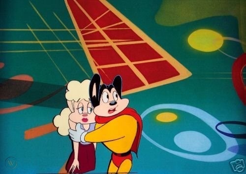 Mighty Mouse rescuing a mouse with blonde hair