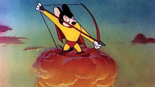 Mighty Mouse shooting a bow and arrow from the top of a cloud
