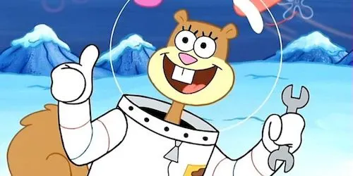Sandy Cheeks holding a wrench and giving a thumbs up