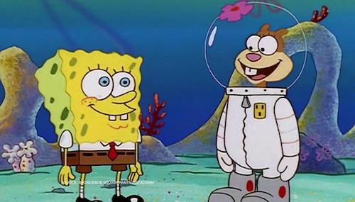 SpongeBob SquarePants talking to Sandy Cheeks