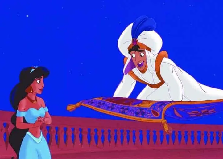 Aladdin asking Jasmine on a magic carpet ride