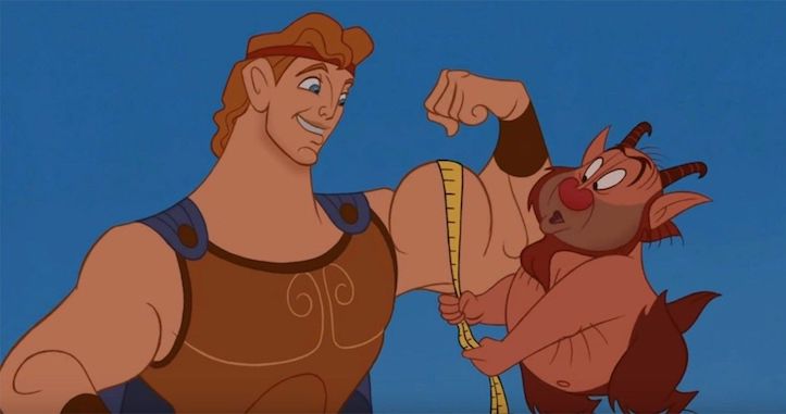 Hercules flexing his bicep with a measuring tape