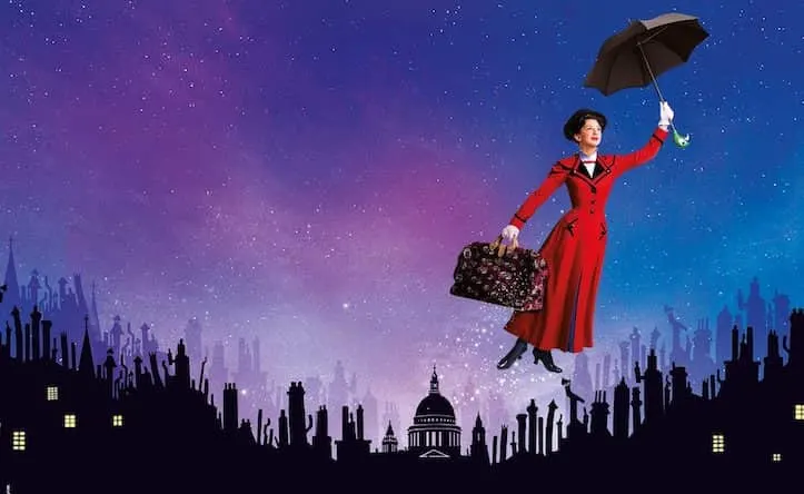 Mary Poppins musical Mary Poppins flying away with her umbrella-min