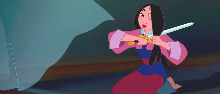 Mulan cutting her hair with a sword