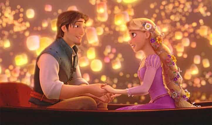 Tangled Rapunzel and Flynn Rider sitting in a boat surrounded by lanterns