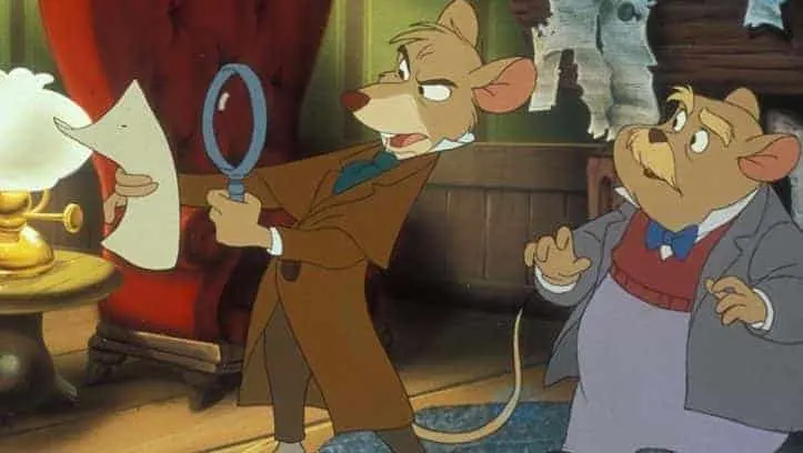 The Great Mouse Detective looking at a clue with a magnifying glass