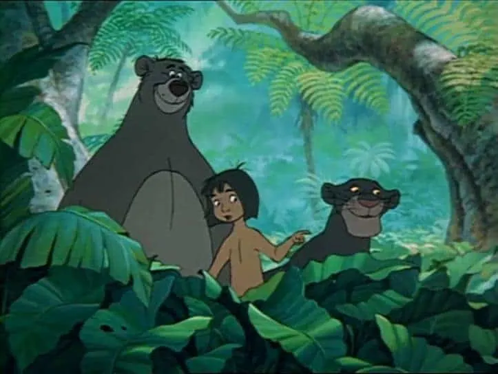 The Jungle Book Mogli Baloo and Bagherra behind the bushes