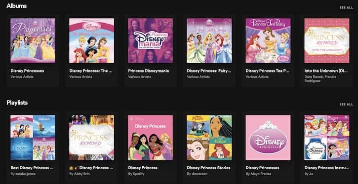 Album artwork for 12 Disney Princess playlists and albums on Spotify