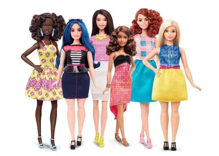 Barbie doll different body shapes, different hair styles, different skin tones