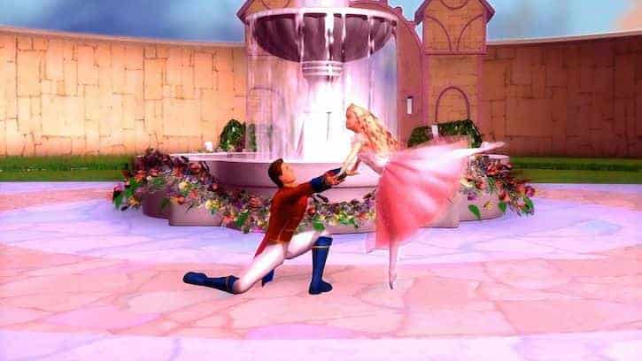 Barbie in the Nutcracker dancing with the prince by a fountain