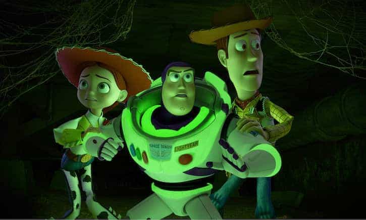 Buzz Lightyear, Woody, and Jessie in defensive positions standing together