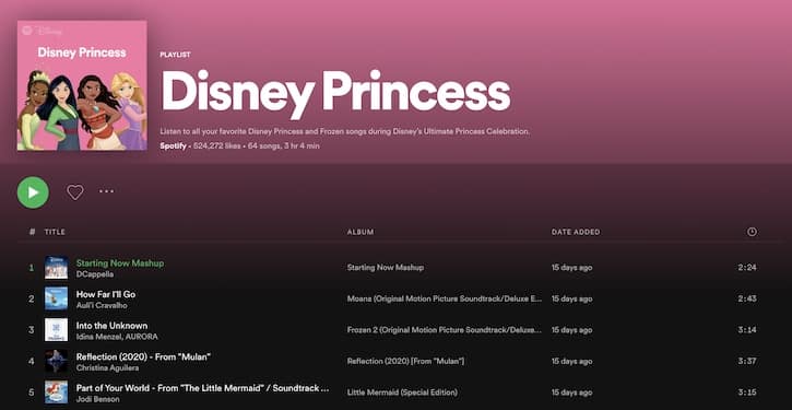 Disney Princess soundtrack songs 1 to 5 listed
