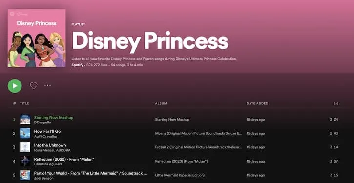 Disney Princess soundtrack songs 1 to 5 listed