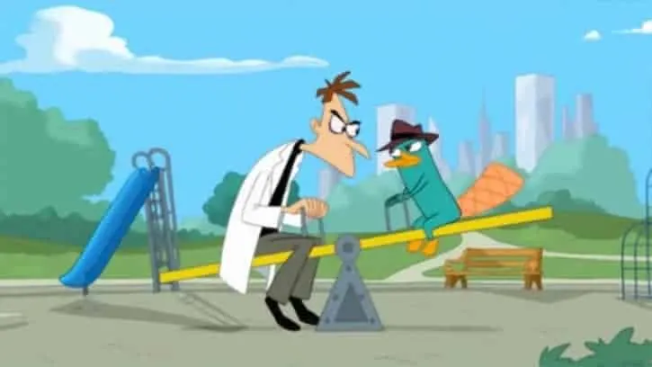 Dr. Heinz Doofenshmirtz and Perry and a teeter-totter