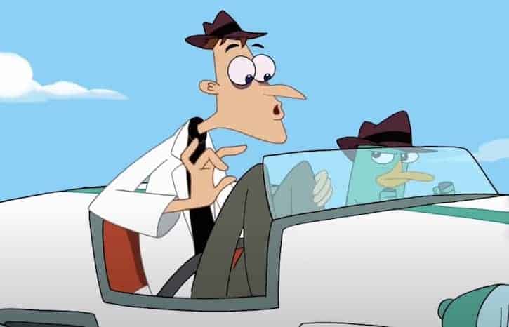 Dr. Heinz Doofenshmirtz riding in a white car with Perry driving