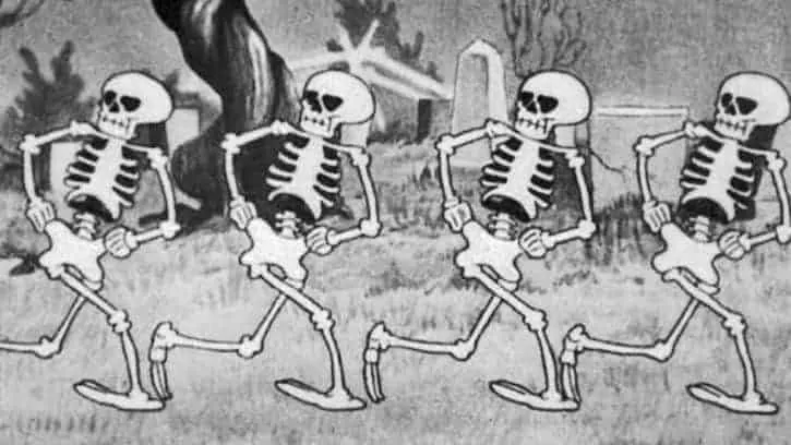 Four skeletons dancing in The Skeleton Dance cartoon