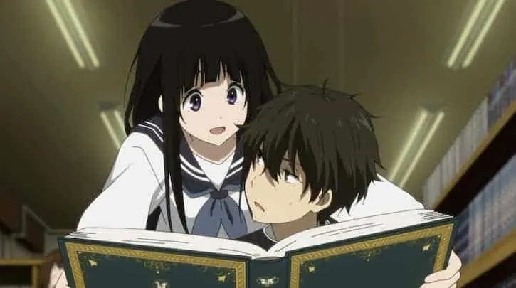 Hyouka anime Houtarou reading a book with Chitanda looking over his shoulder