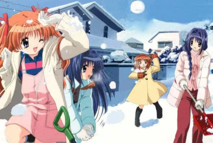 Kanon anime with Mai and others playing in the snow