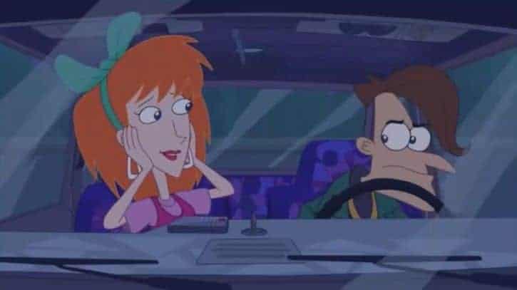 Linda and Dr. Heinz Doofenshmirtz driving in a car to the movies