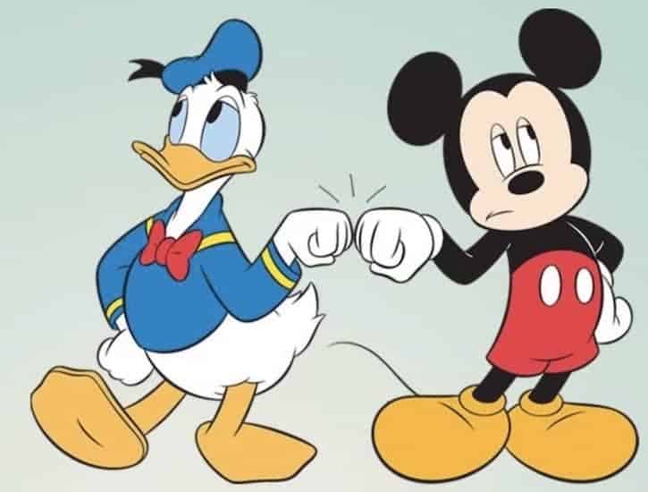 Mickey Mouse and Donald Duck bumping fists
