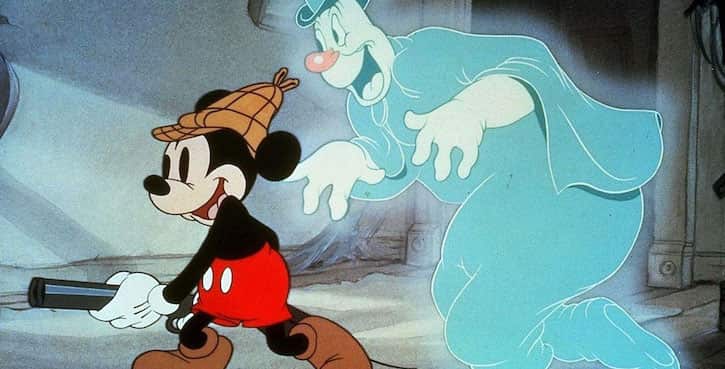 Mickey Mouse being followed by a ghost