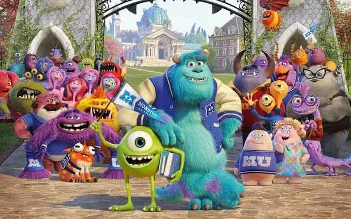 Monsters University entire cast of characters posing at the university front gate