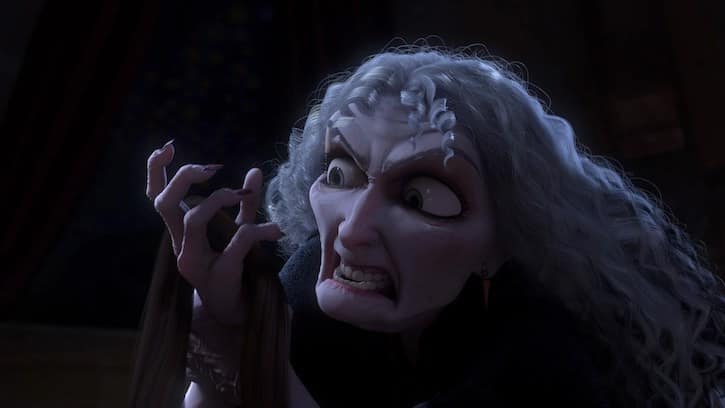 Mother Gothel as an old woman with gray hair