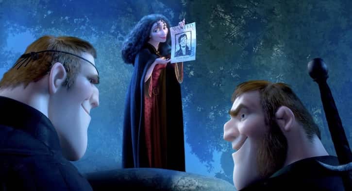Mother Gothel holding up Flynn Riders wanted poster to the Stabbington Brothers
