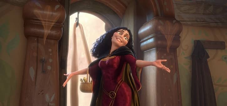 Mother Gothel looking her best in a purple dress with open arms